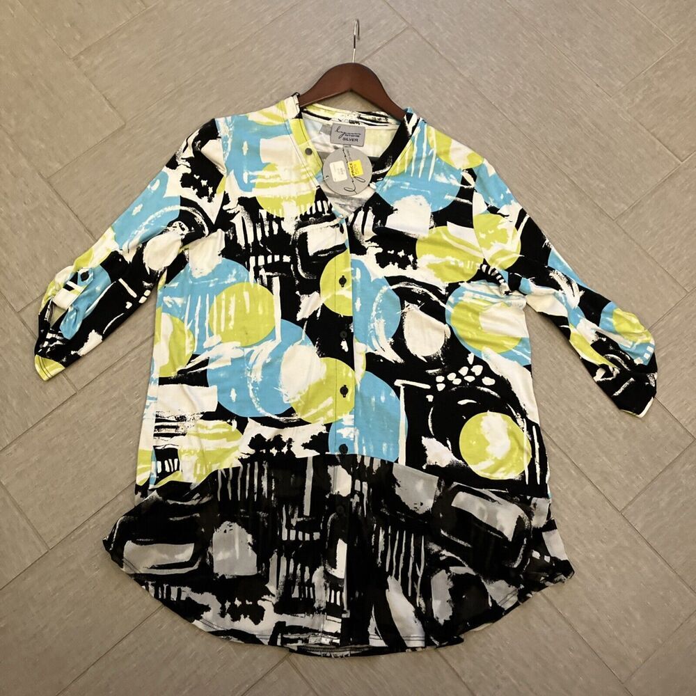 Lynn Ritchie Silver Women Abstract Print Roll Tab Sleeve Tunic Top Large NEW